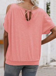 EMERY ROSE Solid Cold Shoulder Tie Back Top