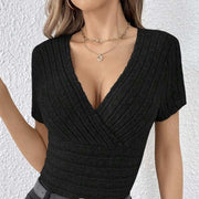 Women's V-neck Cross Wrapped Chest Design Ribbed Solid Color Versatile Sexy Style Knitted Sweater