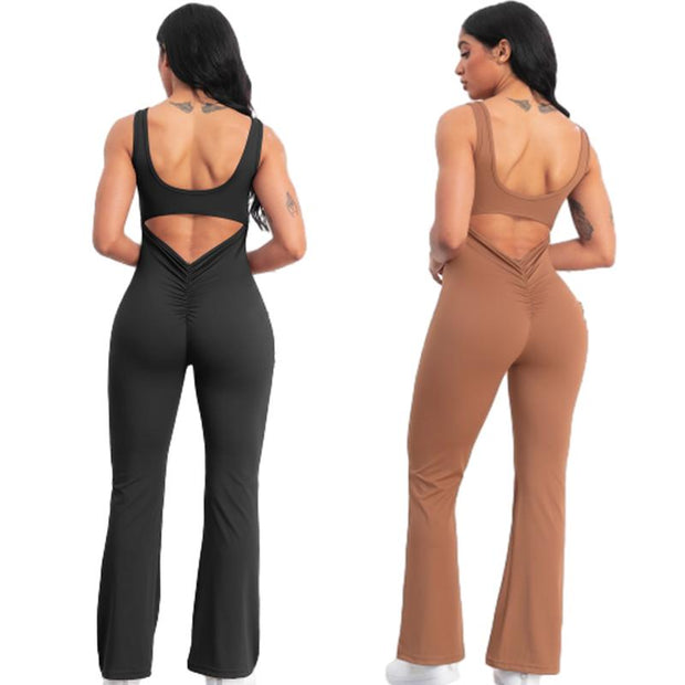 Women'S U Neck Solid Color Sports Jumpsuit with Tummy Contro
