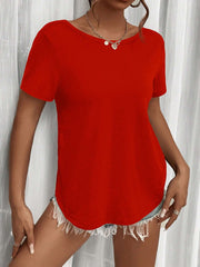 Women Summer Plain Short Sleeve Casual T-Shirt With Back Twist Knot Round Neck