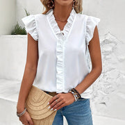 Women's Solid Color Top Ruffled Edge V-neck Flying Sleeve Ruffled Lace Top