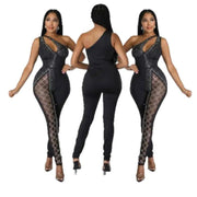 Sleeveless Rhinestone Hollow Mesh Jumpsuit 