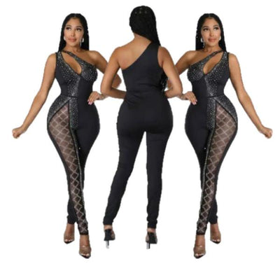 Sleeveless Rhinestone Hollow Mesh Jumpsuit 