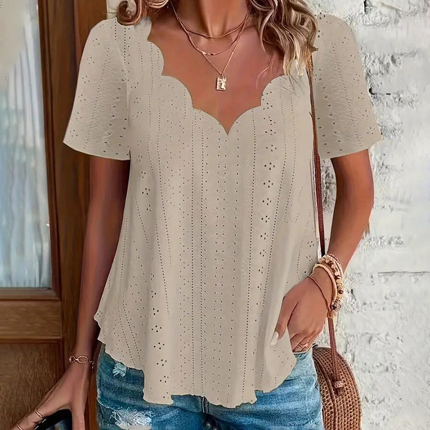 Womens Summer Scallop V Neck Eyelet T Blouses
