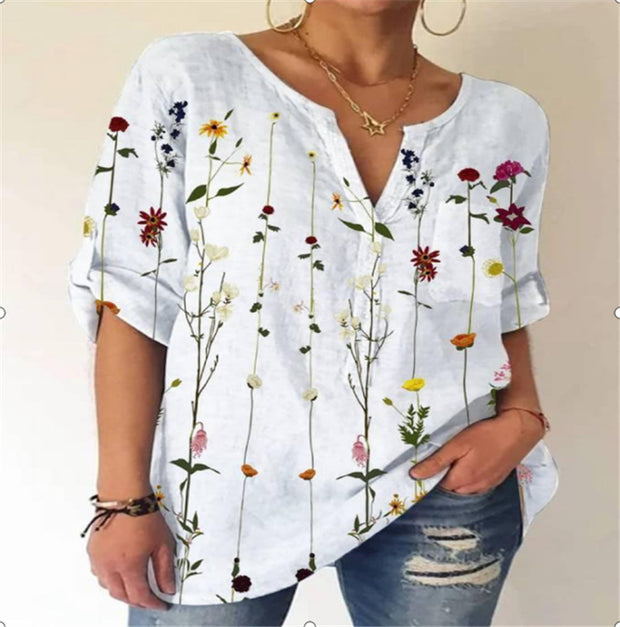 Loose Printed V-neck Long-sleeved Shirt