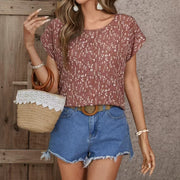 Ladies' Floral Print Contrasting Batball Sleeves Round Neck Fashionable Casual T-shirt Top