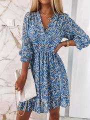 V-neck Printed Dress With Ruffled Waist, Exquisite And Elegant Design-perfect For Spring And Autumn.