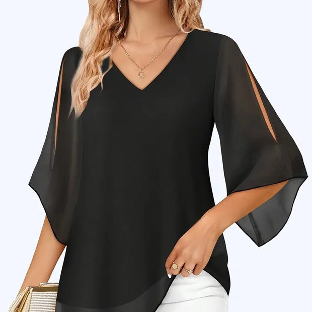 V-neck Double-layer Mesh Shirt Top