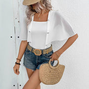 Elegant Solid Color Button Decoration Mesh Splicing Women's Casual Top