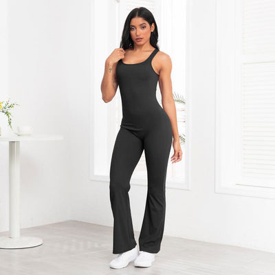 Women'S U Neck Solid Color Sports Jumpsuit with Tummy Contro