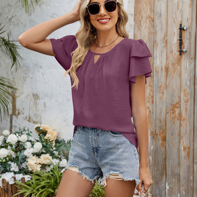 Solid Color And V-neck Hollow-out Double-layer Sleeve Loose Chiffon T-shirt
