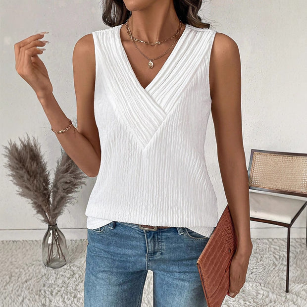 Women's Fashion Casual Sleeveless V-Neck Layered Collar Pleated Texture Jacquard Tank Top