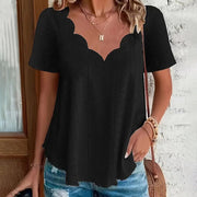 Womens Summer Scallop V Neck Eyelet T Blouses