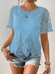 Women's Elegant White Lace V-Neck Blouse With Floral Cut-Out Detail Short Sleeve