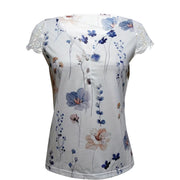 Ladies' Floral Print V-neck Button Casual Lace Patchwork Sleeve Fashionable Vacation Top Shirt