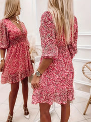 V-neck Printed Dress With Ruffled Waist, Exquisite And Elegant Design-perfect For Spring And Autumn.