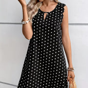 Ladies' Fashionable Casual Pullover Polka Dot Dress With Hollowed Out Collar And Round Neck Wavy Edge Skirt