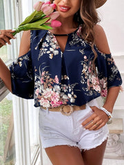 Casual Open Shoulder Short Sleeve Shirt For Women