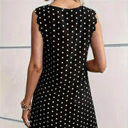 Ladies' Fashionable Casual Pullover Polka Dot Dress With Hollowed Out Collar And Round Neck Wavy Edge Skirt