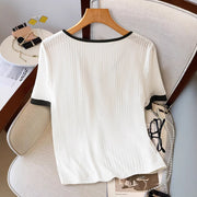 Women's Casual V-neck Short Sleeve Button Design Color Contrast T-shirt Top