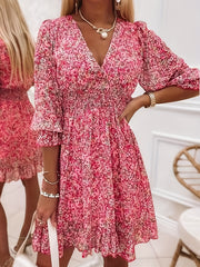V-neck Printed Dress With Ruffled Waist, Exquisite And Elegant Design-perfect For Spring And Autumn.
