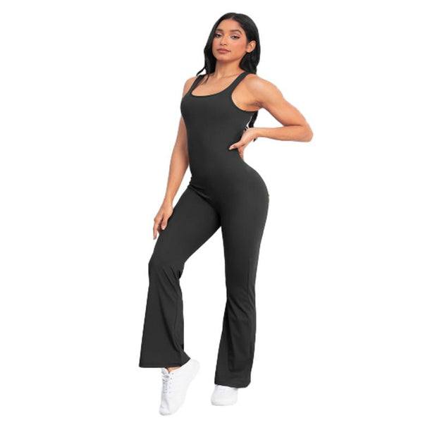 Women'S U Neck Solid Color Sports Jumpsuit with Tummy Contro