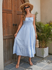 Women's Cotton Maxi Dress - Breathable Summer Dress With Embroidered Hem, Elastic Waist, And French Romantic Style